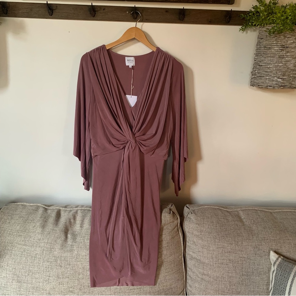 Misa Los Angeles Dress Mauve like new no tags Size Large Wedding Draped  V Neck